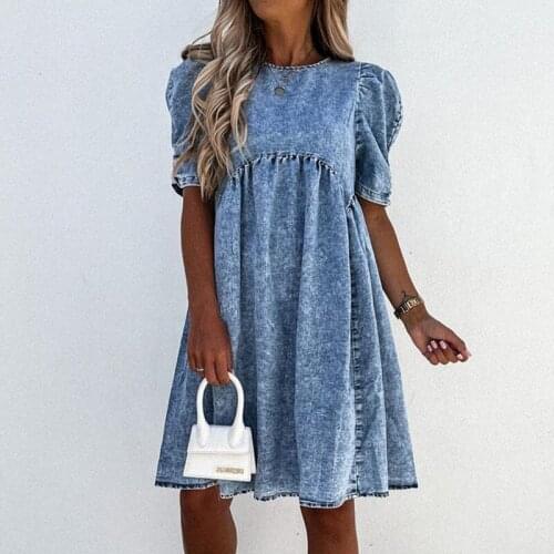 Casual O Neck Loose Denim Dress Women 2021 Summer Elegant Puff Sleeve Jean Mini Dresses Fashion Simple A-Line Dress Vestidos 2XL