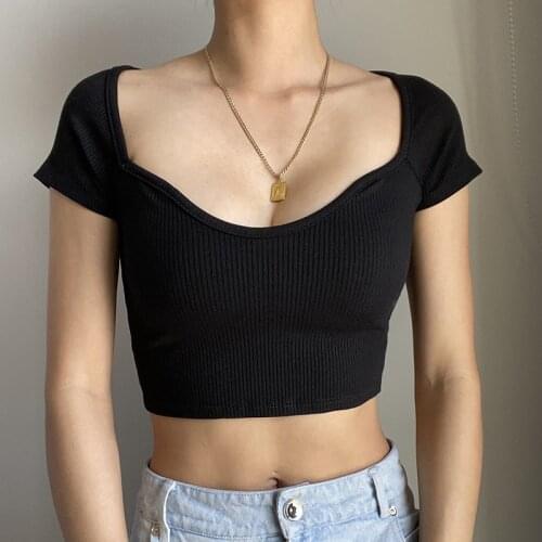 QICIUS Summer Black Tops for Women Fashion Casual Crop Top T Shirt Streetwear Slim Short Sleeve Lady Girl Vetement Femme 2021