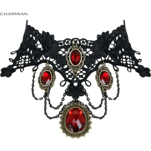 Charmian Vintage Gothic Victorian Lace Red Gem Choker Necklace Accessories