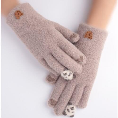 Women Cartoon Panda Touch Screen Thick Knitted Warm Full Finger Gloves Mitten