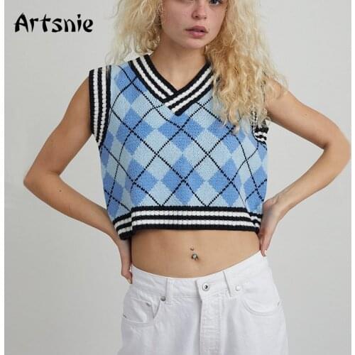 Artsnie Vintage Blue Argyle Sweater Vest Women Autumn V Neck Sleeveless Pull Femme Streetwear Ladies Cropped Sweaters Vest