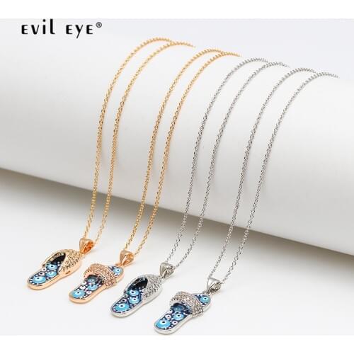EVIL EYE Micro Pave Slippers Pendant Turkish Evil Eye Necklace Gold Silver Color Long Chain Necklace for Women Girls BE132