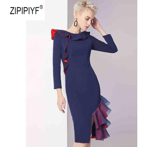 Original Zipipiyf Spring Women Celebrity Party Dress Vestidos Sexy Ruffles Bodycon Midi Bodycon navy lente damesmode 2019 AB255