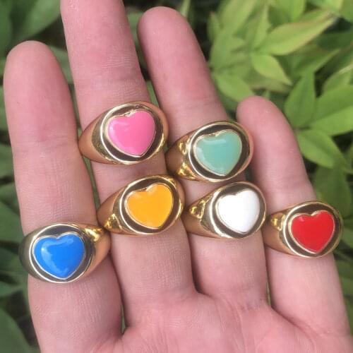 18K Gold Filled Copper Colorful Enamel Round Love Heart Rings for Women Men Couple Jewelry Wedding Engagement Ring Party Gift