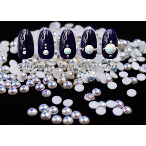 MIOBLET 100pcs White AB Colour Pearl Nail Rhinestone Round Pearls Semicircle Flat Back 3D Nail Art Rhinestones DIY Manicure Deco