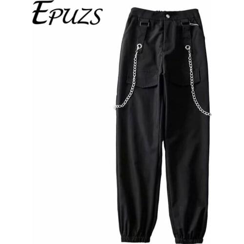 2019 autumn black cargo pants women Chain Trousers female camo sweatpants streetwear joggers lady high waist pants