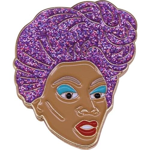 RuPaul enamel pin with purple glitter wig RPDR drag fans art collection