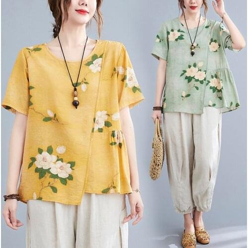 Cotton and Linen Short Sleeve Vintage Floral Print Loose T-shirt Women Summer Round Neck Casual Elegant Irregular Top Female