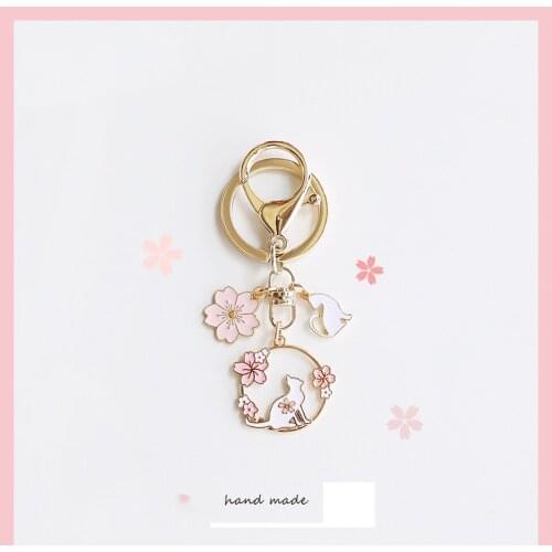 Korean Cherry Flower Ring Cat Keychain Womens Keyring Adorable Key Holder Pendant for Airpods Case Car Keys Bag Backpack Decor
