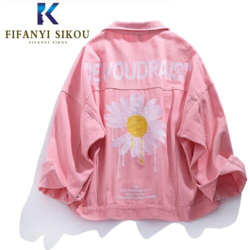 Flower Embroidery Denim Jacket Women Short Coat Pocket Lapel Long Sleeve Jeans Jacket Female Spring Autumn Loose Jeans Coat