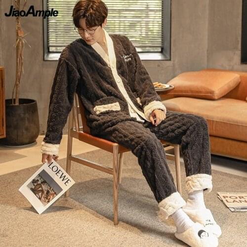 Mens Pajamas 2021 Winter New Warm Thick Flannel Pijamas Korean Plus Size Loose V-neck Sleepwear Set Girl Cute Cartoon Nightwear