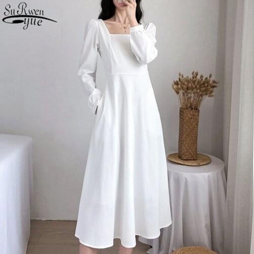 Backless Dresses Gentle Sweet White Dress Vintage Square Collar 2021 Autumn French Elegant Temperament Slim Midi Dress 13016