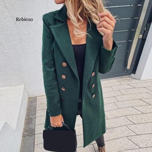 Autumn Fashion Jacket Womens Solid Color Basic Essential Double-Breasted Coat Mid-Long Wool Blend Pea Coat Mujer