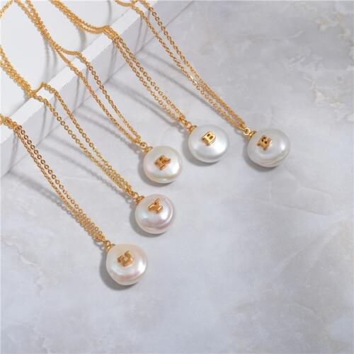 SRCOI Gold Color 26 Alphabet Letter Round Natural Freshwater Pearls Necklace Charm Name Pendant Layer Chain Choker Lady Necklace
