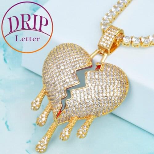 Drip Heart Pendant Necklace Mens Gold Plated Hip Hop Jewelry