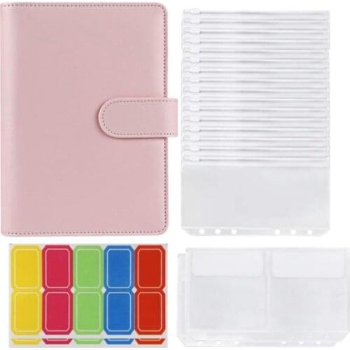 Binder Pockets A6 with Leather Binder Cover, 6-Ring Budget Binder with Cash Envelopes, Money Saving Binder