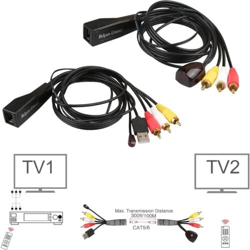 Relper-Lineso TV 3 RCA A/V And USB IR Remote Control Extender Kit Over CAT5/6 for Controlling DVD/Set-Top Box from Another Room