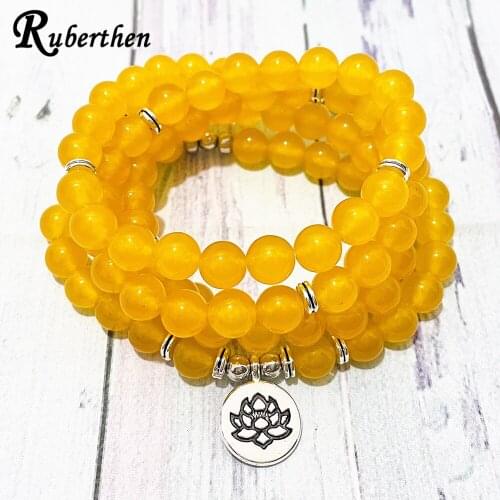 Ruberthen Natural Yellow Onyx 108 Mala Bracelet Yoga Meditation Lotus Charm Necklace Fashion Women`s Handmade Yogi Jewelry