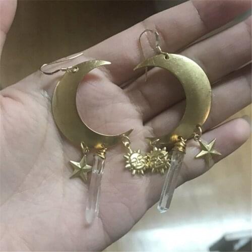 Celeste Moon, Sun, Stars, and Raw Quartz Earrings