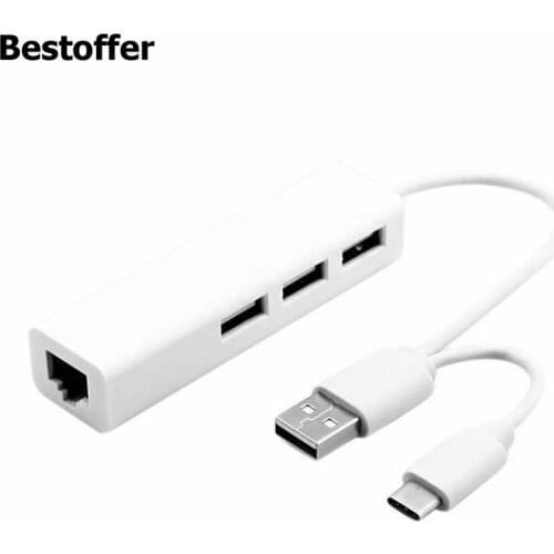 3 USB 2.0 Port Hub USB+Type-C/USB 2.0 To LAN/RJ45 Ethernet Network Adapter Cable