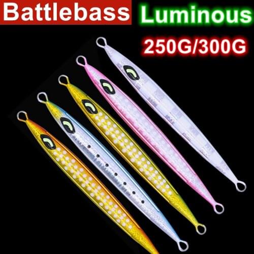 BATTLEBASS 1PC Drag Metal Super Slim Jigging 250g 300g 1pc Casting Jig Metal Jig Artificial Baits Glowing Slow Jigging Fishing
