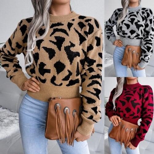 Fashion knitted o neck sweater for women pullover Autumn and winter leisure leopard print waist knit short sweater jumpers tops