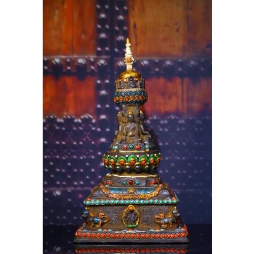 Tibetan Buddhist handmade Dzi Bead pagoda,Inlaid gems Buddhist pagoda Collecting crafts