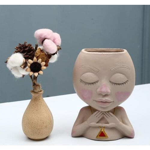 Human Face Vase Decoration Girls Doll Resin Flowerpot Figure Sculpture Crafts Storage Container Flower Arrangement Container