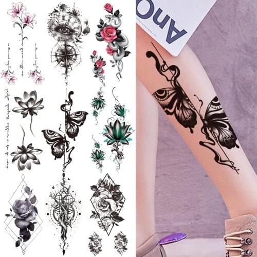 Butterfly Snake Temporary Tattoos For Women Girls Sexy Lotus Chains Tattoo Sticker Black Geometry Flower Compass Eye Tattoo Leg
