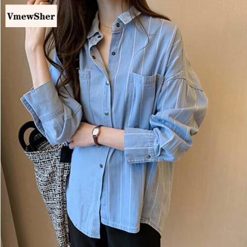 VmewSher 4XL Blue Striped Irregular Women Shirt 2020 Spring Autumn New Casual Loose Long Sleeve Turn-down Collar Tops Plus Size