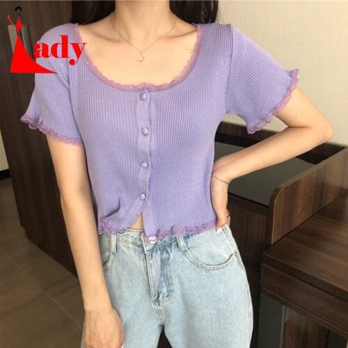 O Neck Ruffles Short Sleeve T Shirt Women Summer Casual Button Crop Top Basic Blue Pink T Shirt Tops