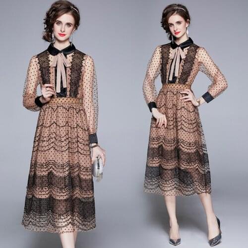 Women Sweet Long Lantern Sleeve Lace Trims Ribbon Bow Tie Collar Party Dress Summer New Polka Dot Tulle Mesh Elegant Dress 6720