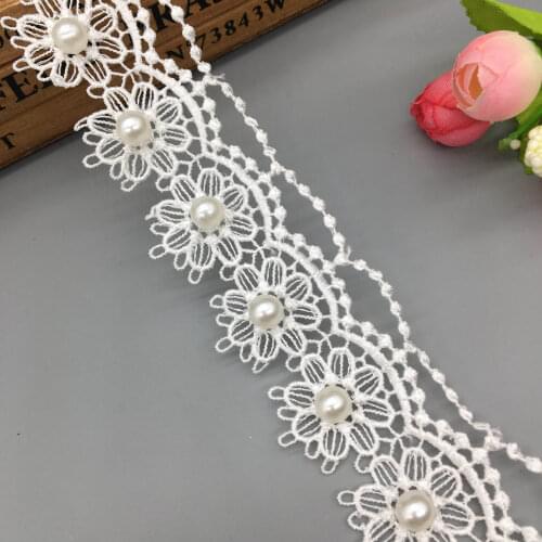 1 yard White Pearl Beaded Rose Sun Flowers Embroidered Lace Trim Ribbon Applique DIY Manual Sewing Supplies Craft Decoration 4cm