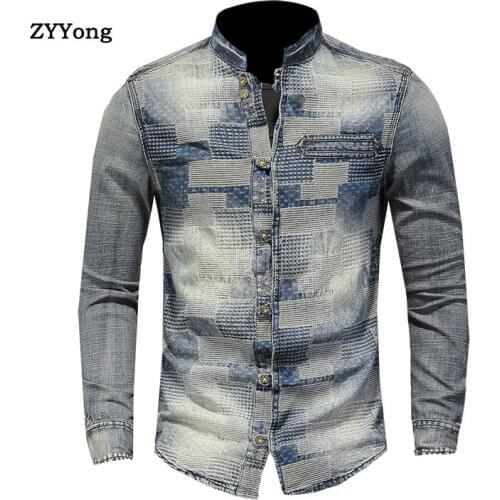 ZYYong Stand Collar Long Sleeve Patch Mens Denim Shirt Blue Personality Plaid Casual Mens Shirt Mens Long Sleeve Thin Coat