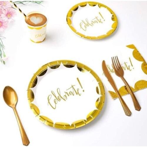 White Bronzing Tableware Paper Plate Cup Disposable Tableware Happy Birthday Party Supplies Decoration for Children Baby Shower