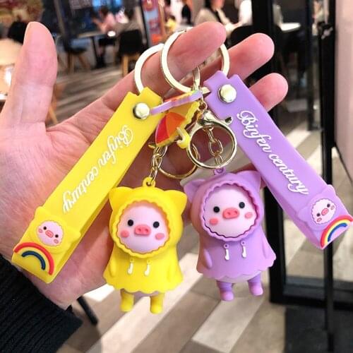 Yellow PVC Cartoon Raincoat Pig Doll Metal Keychain Pink Blue Trinket Girl Boy Pendant Bag Car Key Ring Jewelry Lanyard Gift
