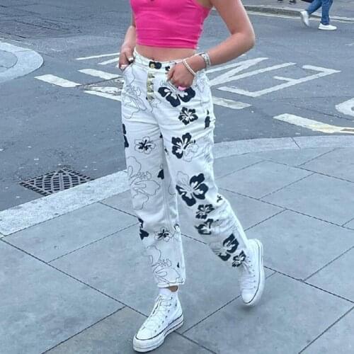 Dourbesty Vintage Grunge Y2K Pants 90s Aesthetics E-girl Flower Print Flare Trousers Buttons Streetwear Fashion Casual Pants