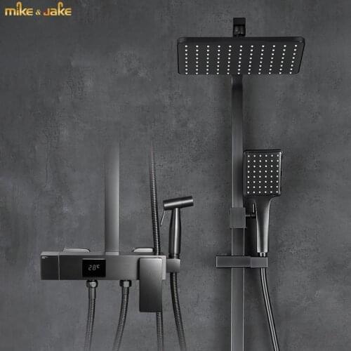 Drawing gunmetal grey shower set four function large shower full copper expansion lifting high end bathroom shower