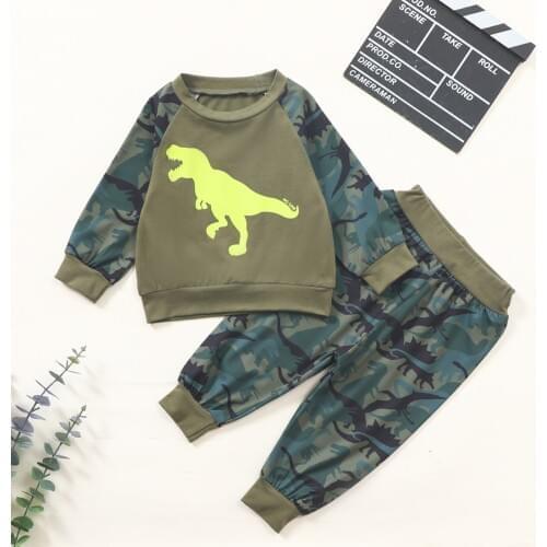 40# Baby Clothes Boys Girls Dinosaur Camouflage Print Long-sleeved Top Sweater + Dinosaur Pants Suit Autumn And Winter Clothes
