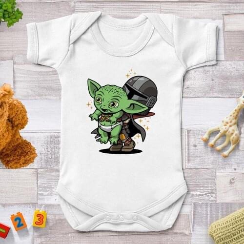 Mandalorian And Baby Yoda Printed Baby Graphic Rompers Baby Girl Clothes White Summer Newborn Jumpsuits Harajuku Bodysuits