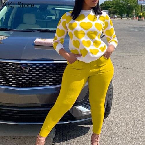 Women Two Piece Cute Sweet Suits Long Sleeve Heart Shirt Top & Pocket Pants Set