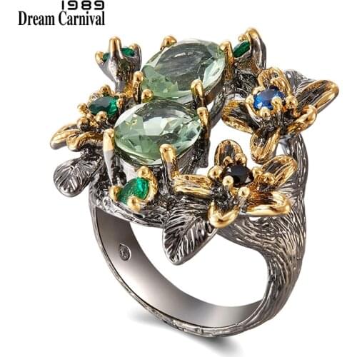 DreamCarnival Hot Selling Stunning CZ Ring for Women Engagement Party Vintage Flower Eye Catching Olivine Zircon Jewelry WA11688