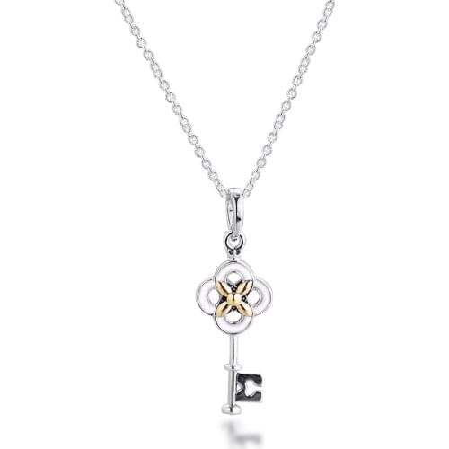 Two-tone Key & Flower Necklace with 14K Real Golden 100% 925 Sterling Silver Jewelry Free Shipping