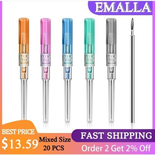 EMALLA 20PCS 14G/16G/18G/20G/22G Mixed Disposable Gauge Piercing Needles Body Piercing Tattoo Needles for Ear Nose Navel Supply