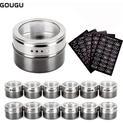 GOUGU Magnetic Spice Jar With Stickers Stainless Steel Spice Tins Pepper Seasoning Sprays Tools