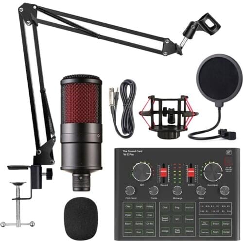 Quality K16 Condenser Microphone Set with V9X PRO Live Sound Card, Scissor Arm, Shock Mount and Cap for Studio Recording