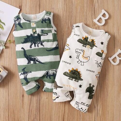 0-18M Baby Dinosaur Print Short Romper Boys Sleeveless O-neck Jumpsuit with Pocket for Summer