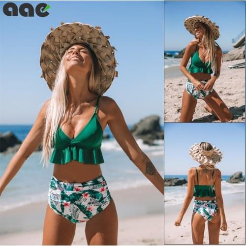 Sexy Floral Ruffled Hem Bikini Set Women Flora V-neck High-waisted Two Piece Swimsuit Girl Beach Bathing Suit Swimwear Biquinis