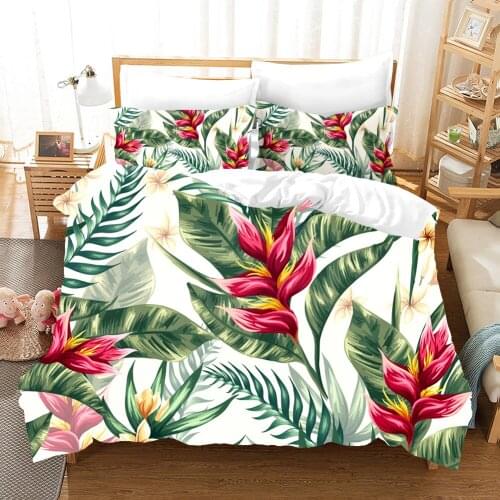 Tropical Bedding Set Queen Green Blue Leaf & Flower Duvet Cover Plant Tree Leaves Bed Cover Botanical Bedspreads 3pcs Wholesale