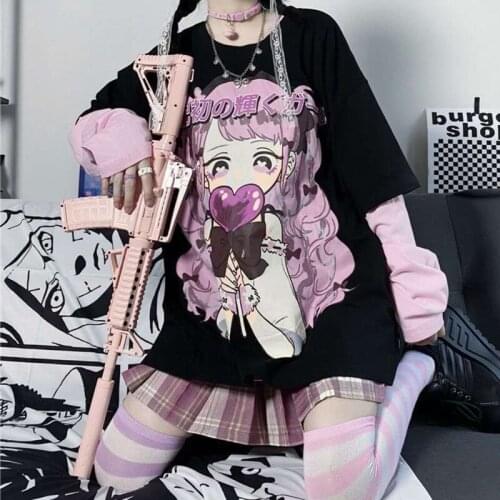 Summer Anime Harajuku Traf Gothic T-shirts Casual T-shirts Tops Fake Two Long Sleeve Loose Oversized T-shirt Womens Clothing